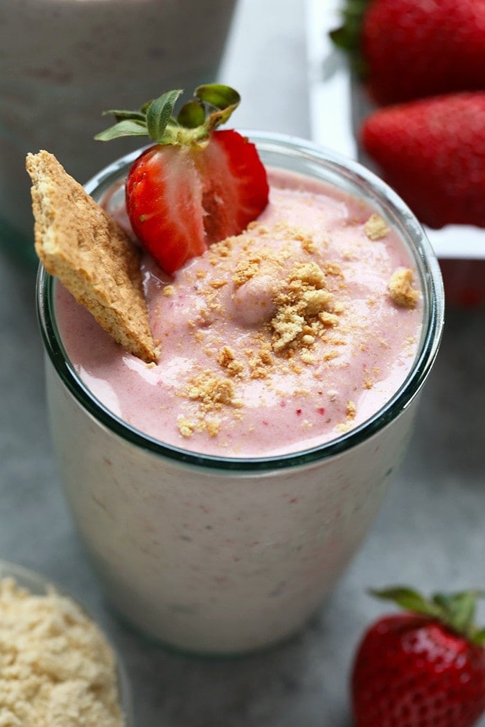 strawberry cheesecake protein smoothie from above
