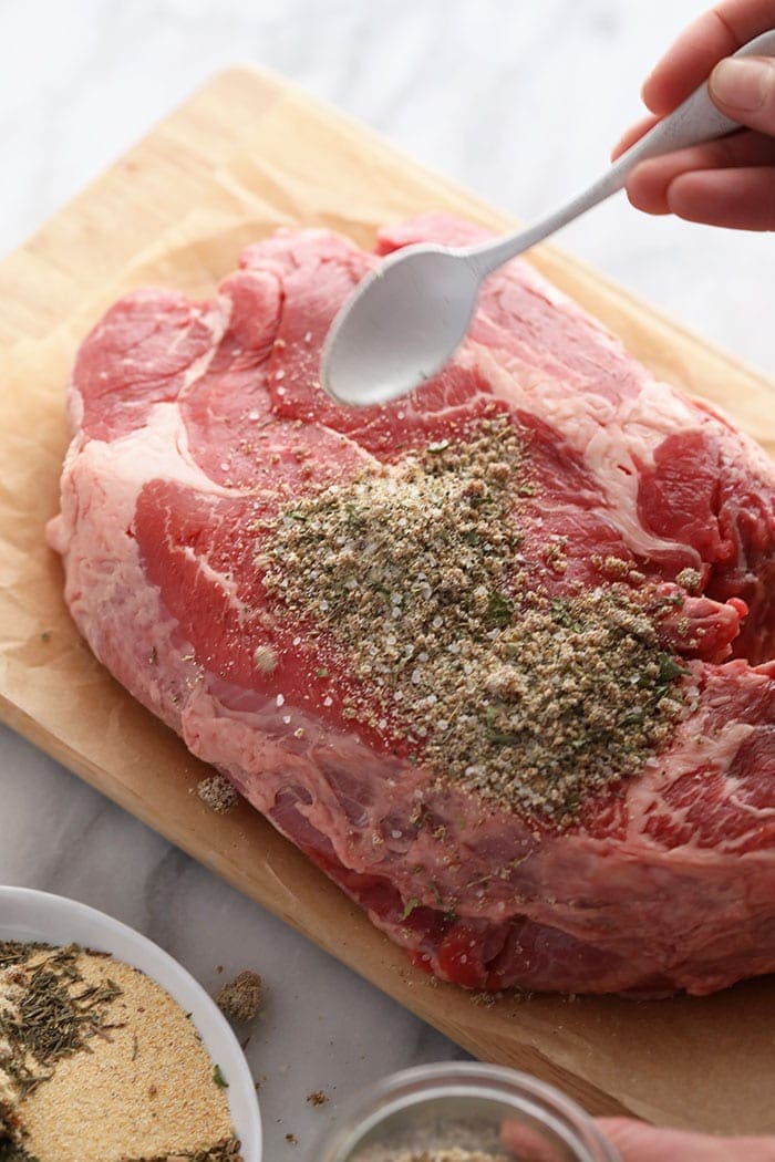 Add amazing flavor to the next pot roast that you make with this easy pot roast seasoning! This delicious dry rub is made with a mixture of smokey, sweet, and salty spices that will add the perfect amount of flavor to your pot roast! Seasoning a beef roast with seasoning