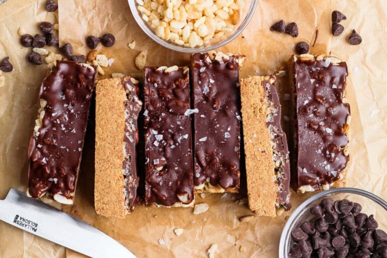 Maple Almond Butter Protein Bars with Crispy Chocolate