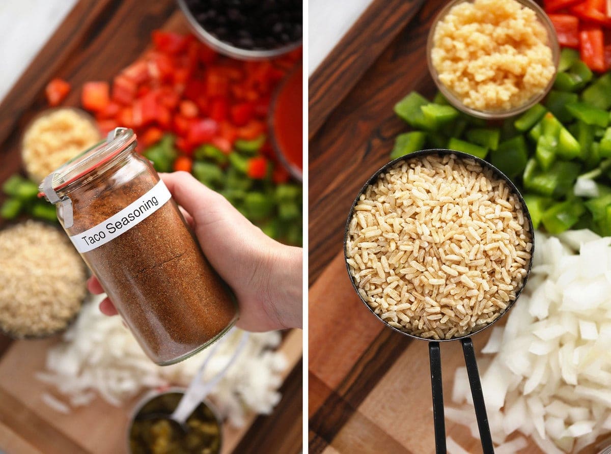 This Beef Skillet. It's all about versatility. Want to eat it as a healthy dinner idea? Need a game day app? Want a meal-prep lunch recipe? Girl, this works for all of that! taco seasoning and brown rice
