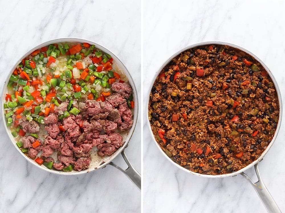 This Beef Skillet. It's all about versatility. Want to eat it as a healthy dinner idea? Need a game day app? Want a meal-prep lunch recipe? Girl, this works for all of that! ground beef skillet in pan.