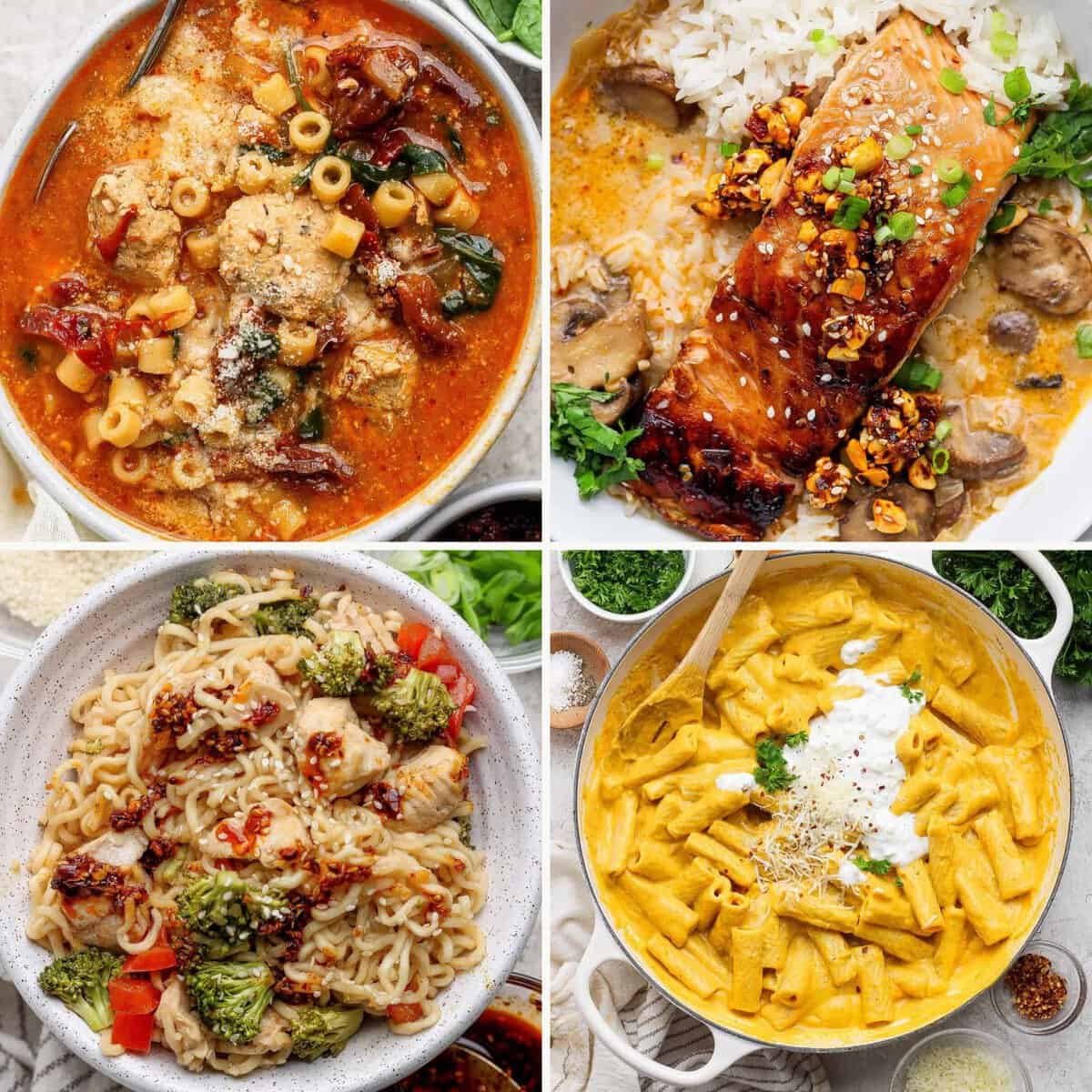 Four cozy meals: Marry Me chicken soup, chili crunch salmon with rice, baked ramen noodles, and creamy pumpkin pasta.