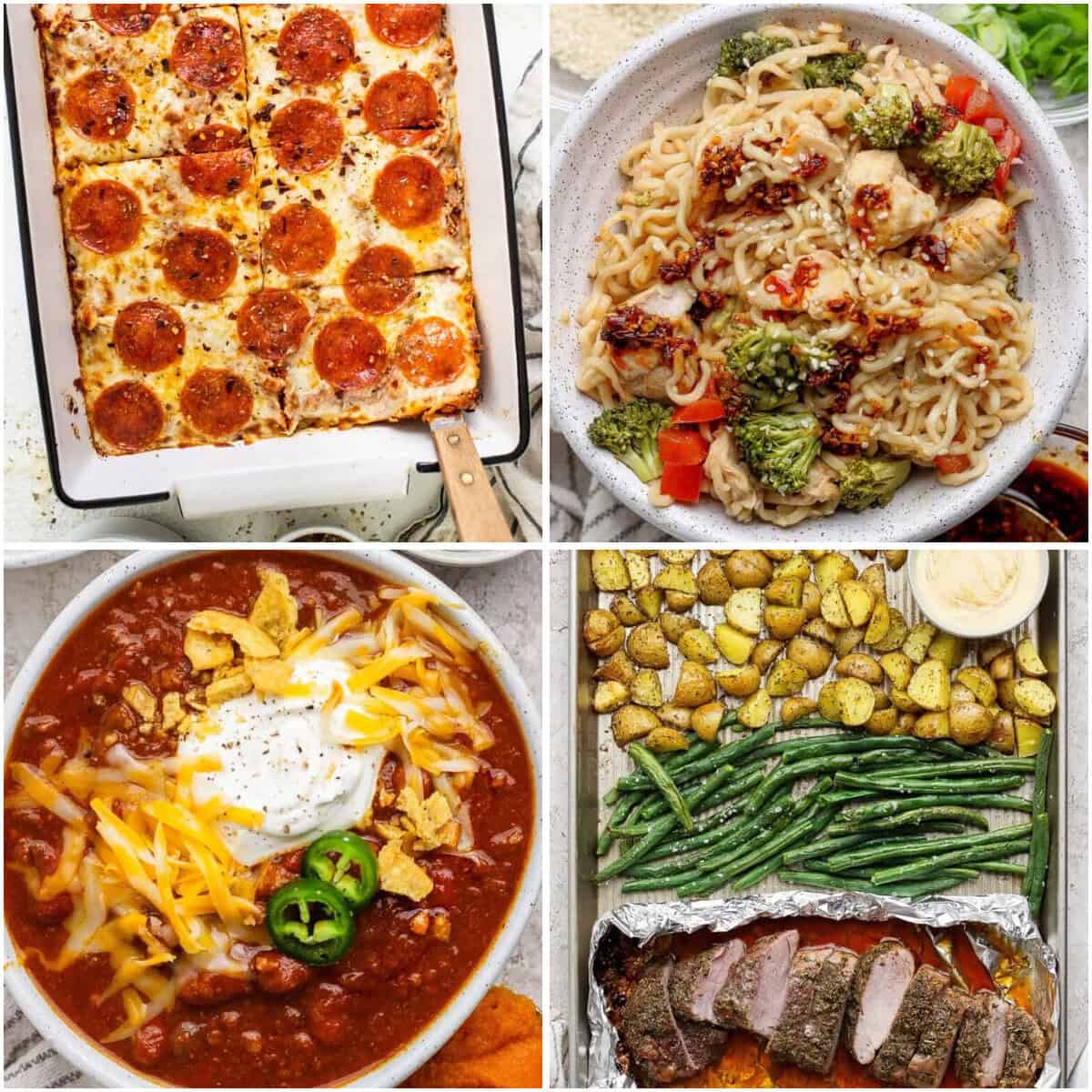 Pizza quinoa bake, baked ramen with chicken and vegetables, pumpkin chili, and sheet pan pork tenderloin with potatoes and green beans.