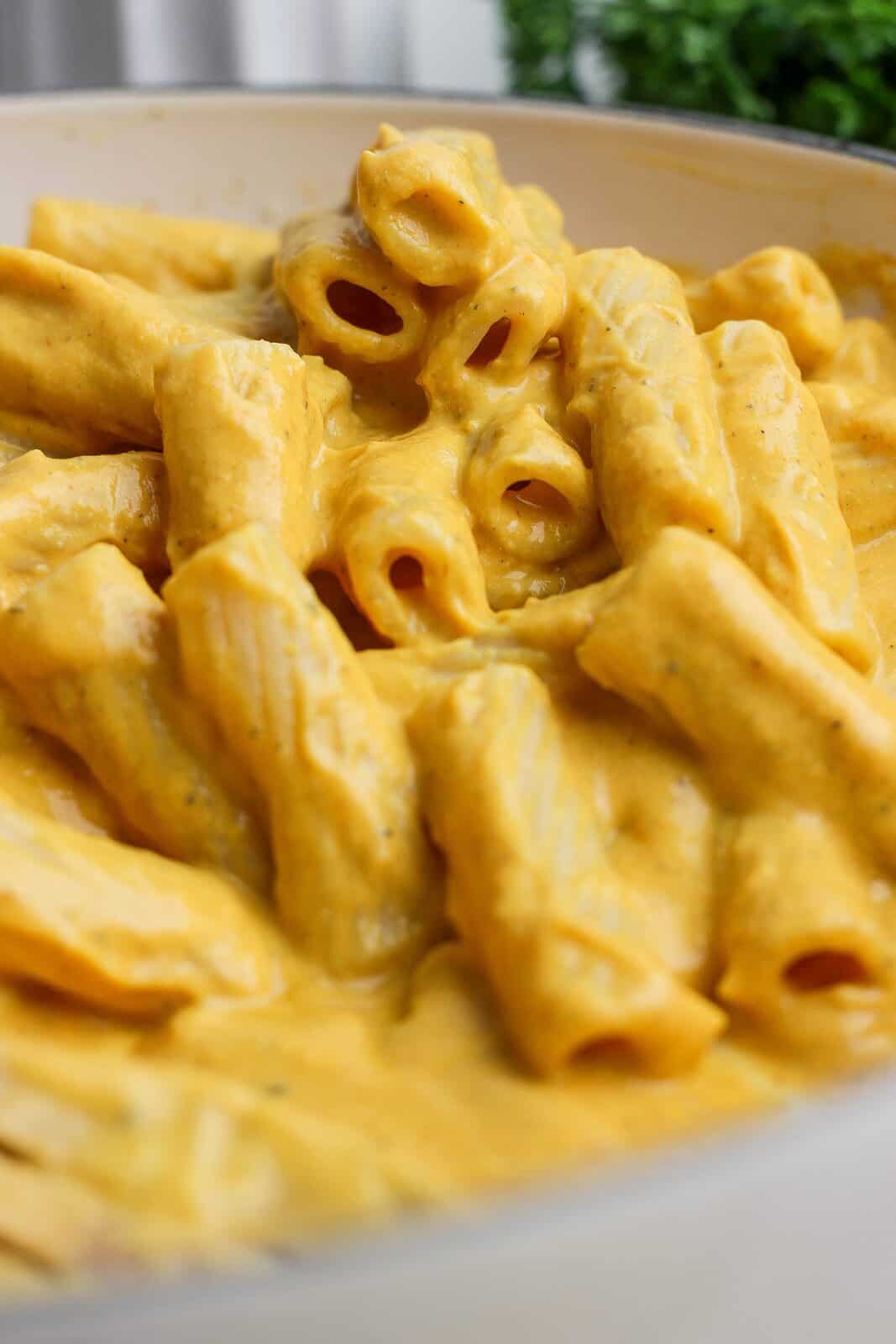 Close-up of rigatoni coated in creamy orange pumpkin sauce.